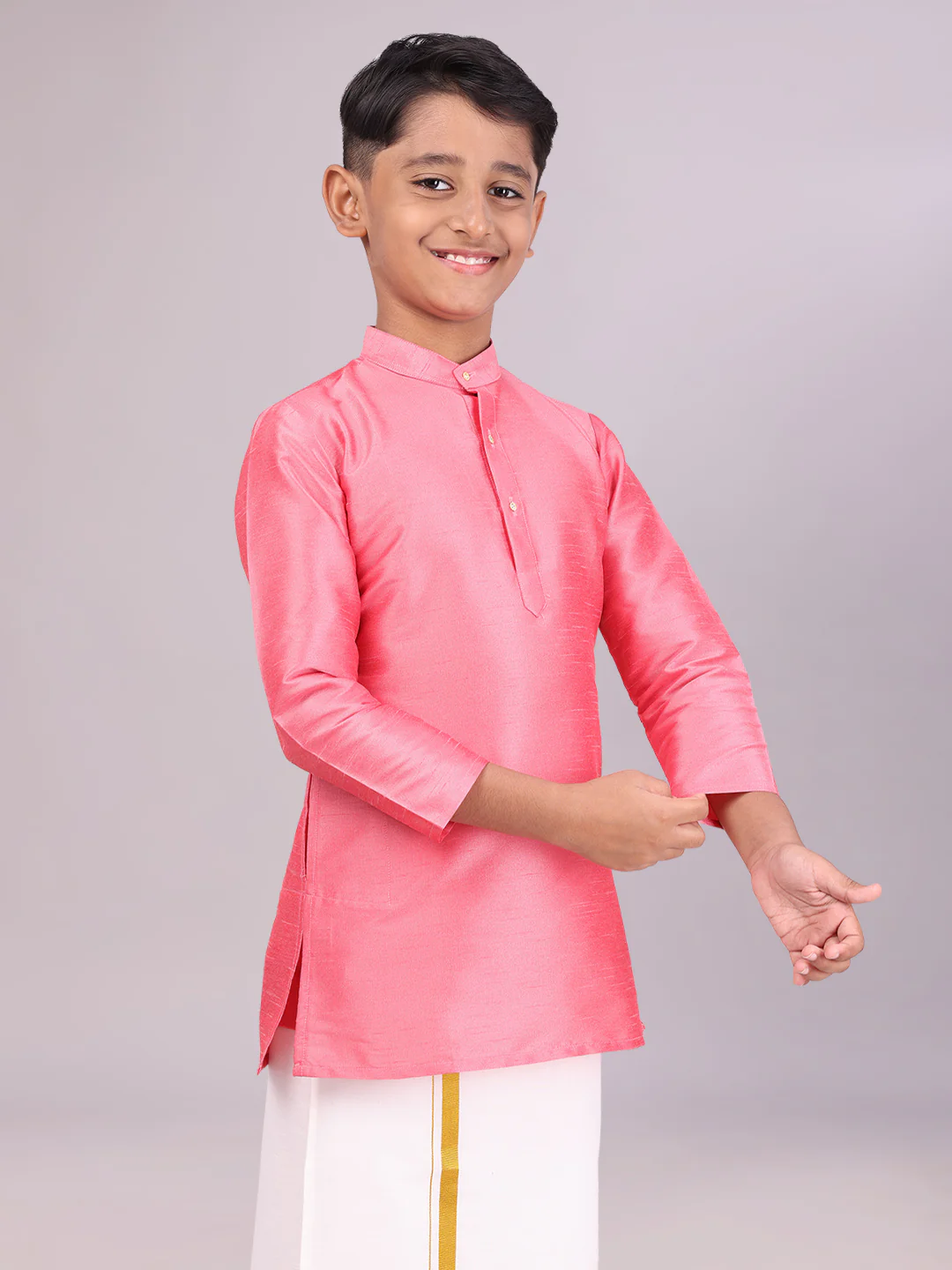 Boys Dupion Satin Pink Colour Full Sleeves Kurta Candid Boy - Image 3
