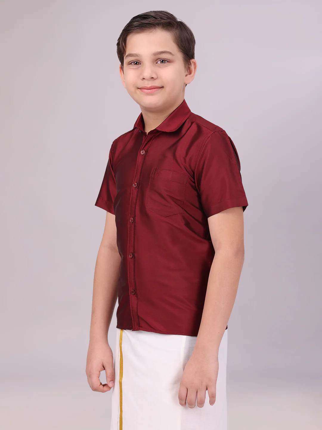 Boys Dupion Satin Maroon Colour Half Sleeves Shirt Happy Boy - Image 2