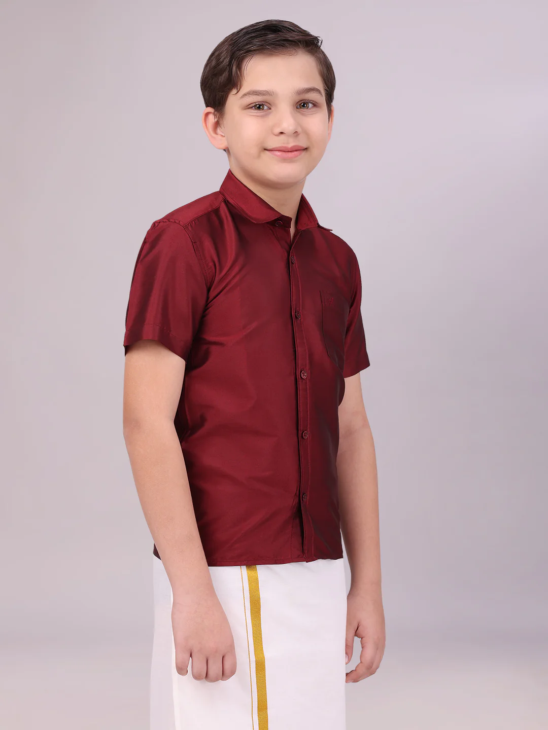Boys Dupion Satin Maroon Colour Half Sleeves Shirt Happy Boy - Image 3