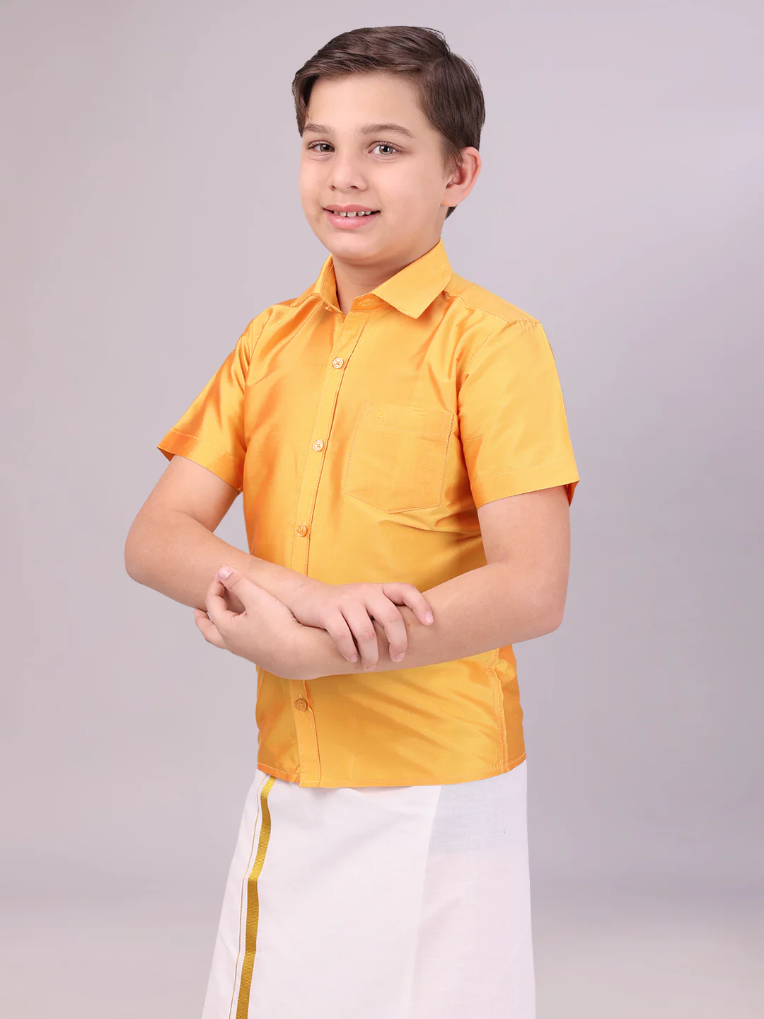 Boys Dupion Satin Yellow Colour Half Sleeves Shirt Happy Boy - Image 2