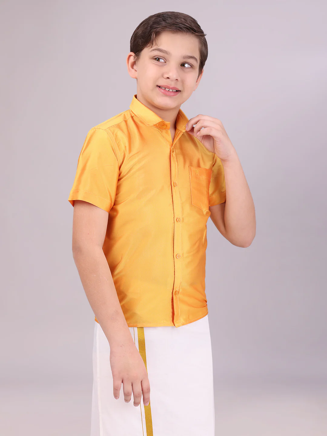 Boys Dupion Satin Yellow Colour Half Sleeves Shirt Happy Boy - Image 3