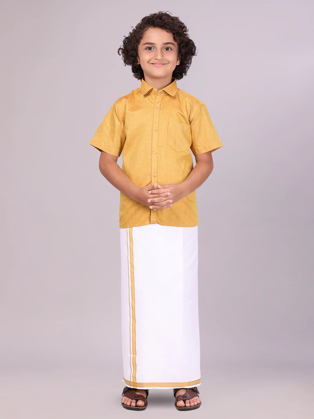 Boys Gold Matching Half Sleeves Shirt with Fancy Flexi Dhoti Combo Brave Boy