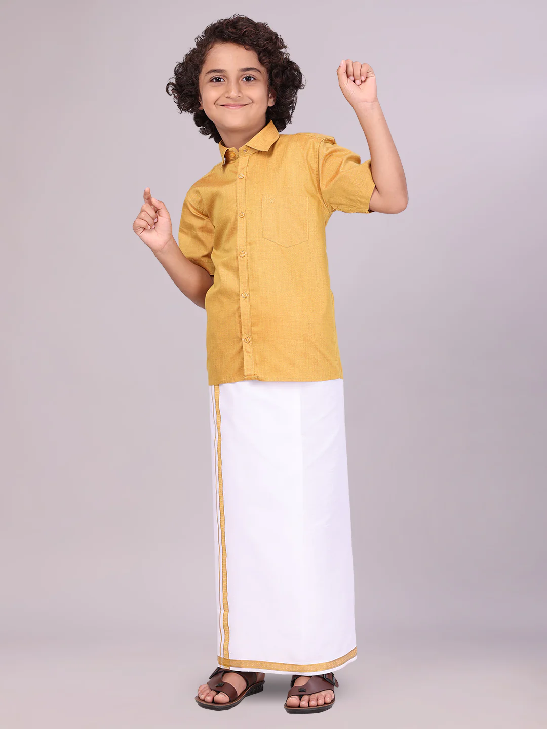Boys Gold Matching Half Sleeves Shirt with Fancy Flexi Dhoti Combo Brave Boy - Image 2