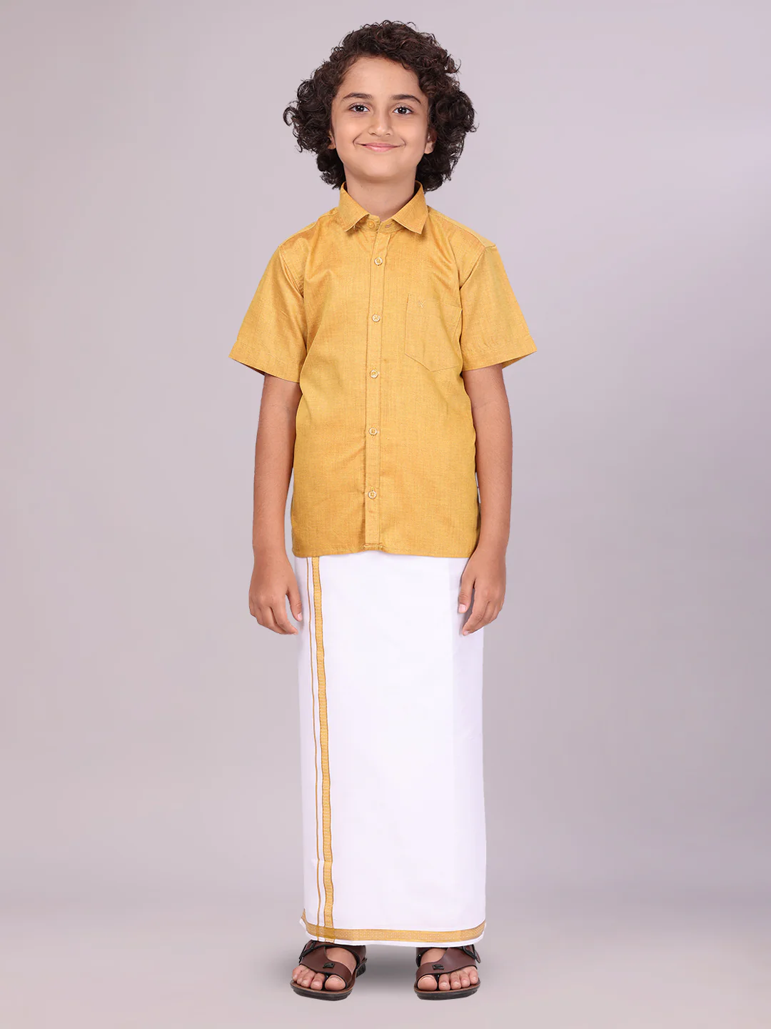 Boys Gold Matching Half Sleeves Shirt with Fancy Flexi Dhoti Combo Brave Boy - Image 3