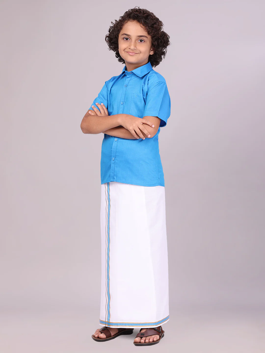 Boys Half Sleeve Blue Shirt with Matching Fancy Flexi Dhoti Combo Brave Boy - Image 3