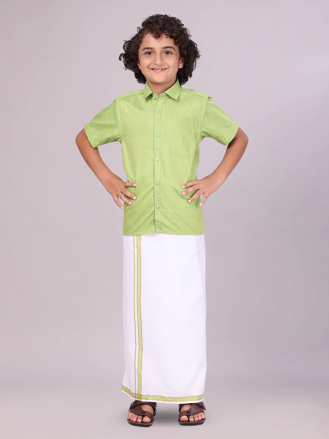 Boys Light Green Matching Half Sleeves Shirt with Fancy Flexi Dhoti Combo Brave Boy