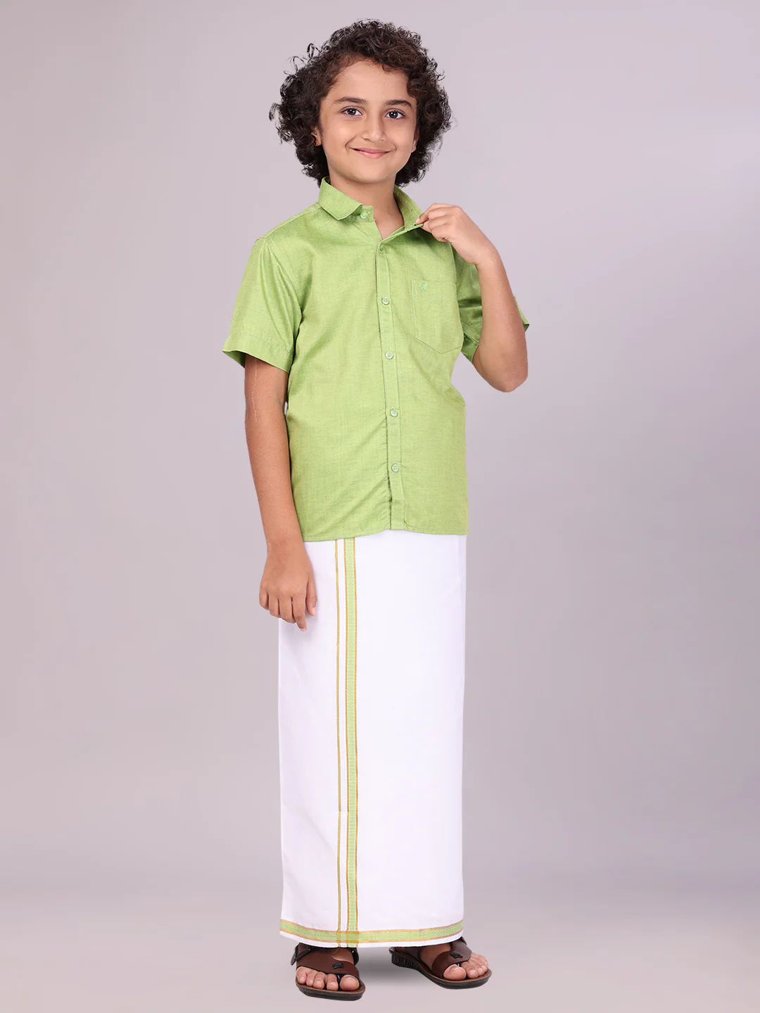 Boys Light Green Matching Half Sleeves Shirt with Fancy Flexi Dhoti Combo Brave Boy - Image 2