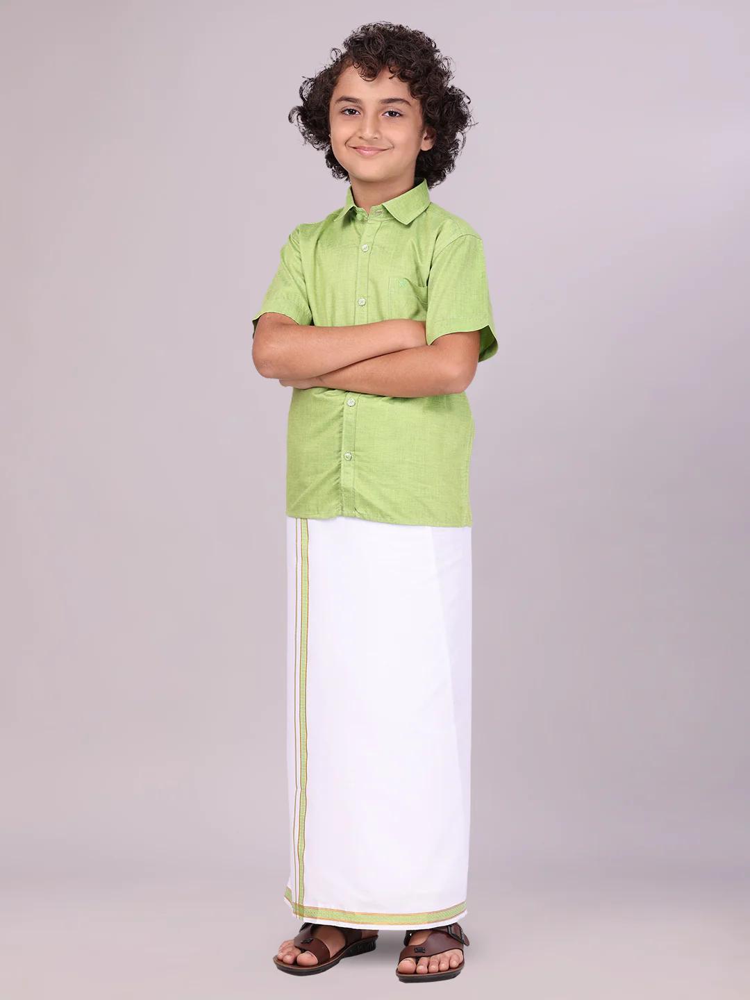 Boys Light Green Matching Half Sleeves Shirt with Fancy Flexi Dhoti Combo Brave Boy - Image 3