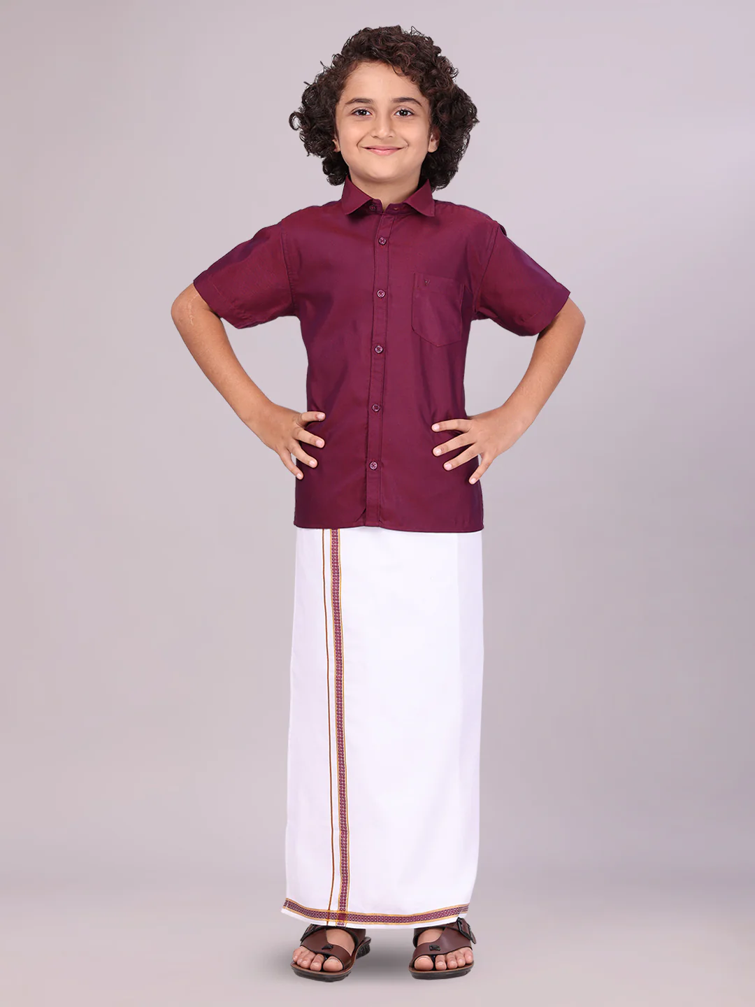 Boys Maroon Matching Half Sleeves Shirt with Fancy Flexi Dhoti Combo Brave Boy