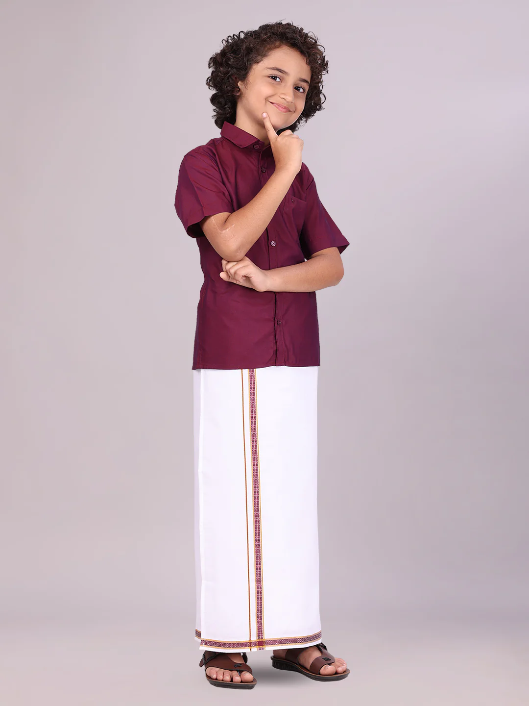 Boys Maroon Matching Half Sleeves Shirt with Fancy Flexi Dhoti Combo Brave Boy - Image 2