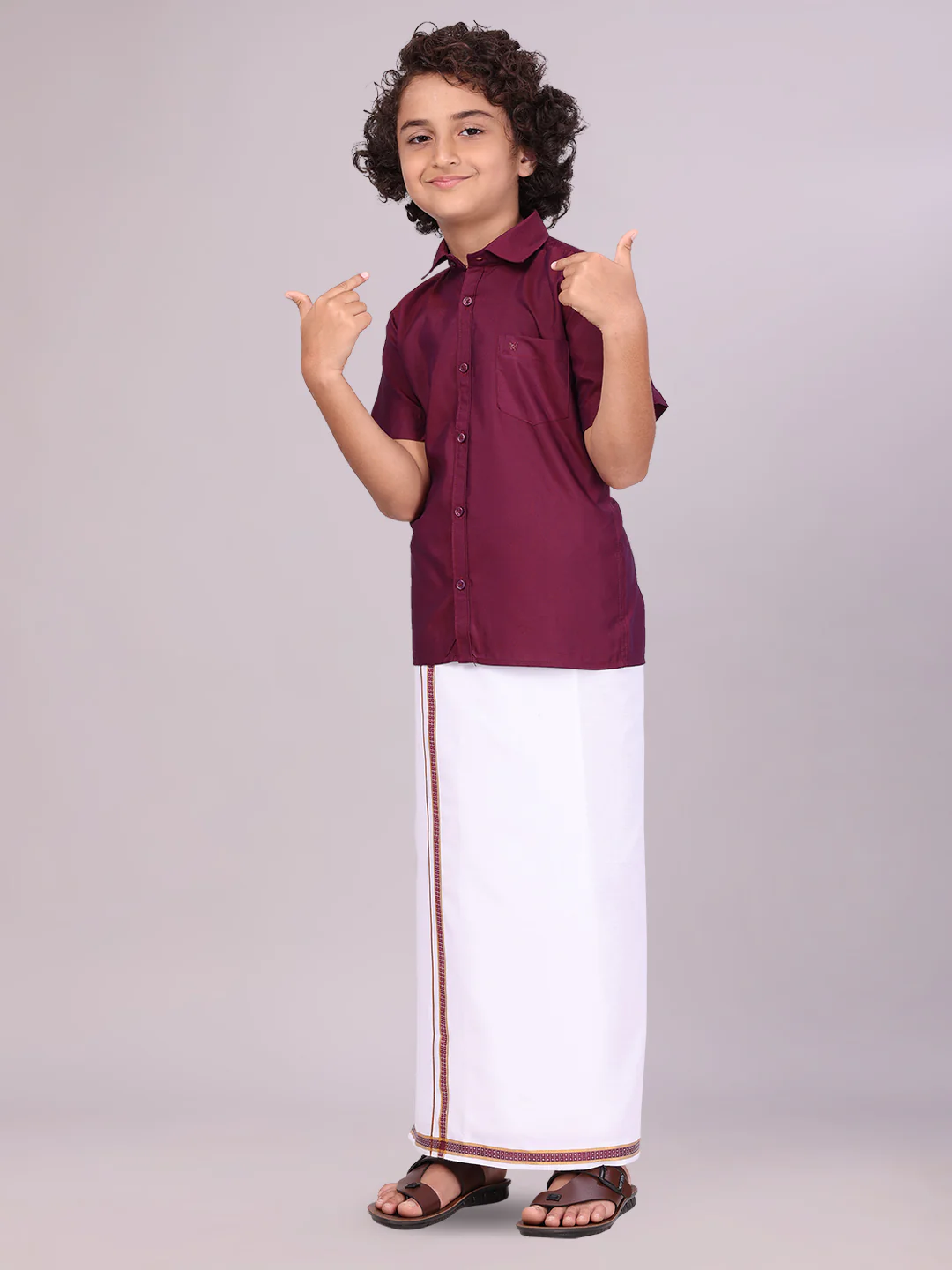 Boys Maroon Matching Half Sleeves Shirt with Fancy Flexi Dhoti Combo Brave Boy - Image 3