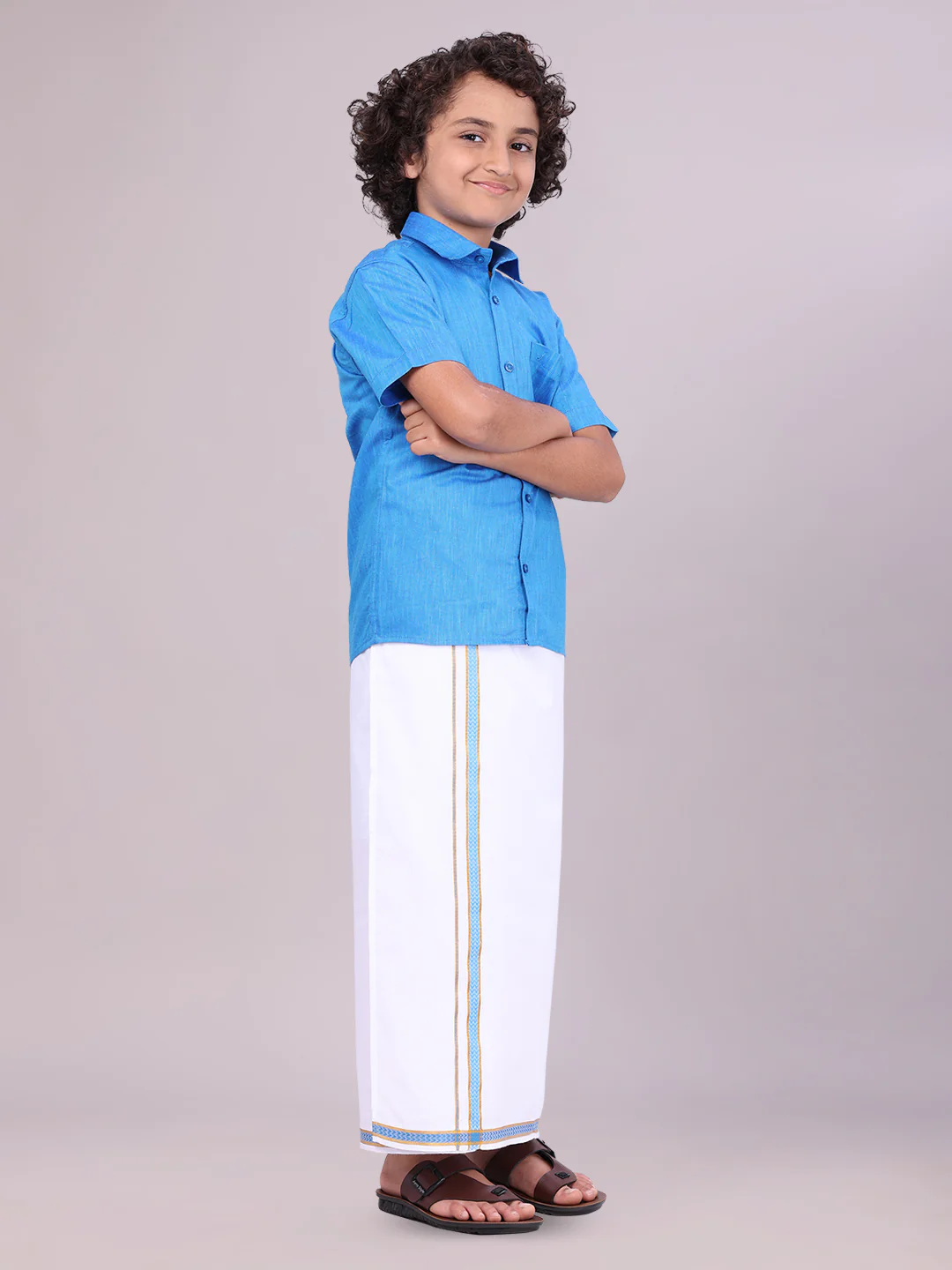 Boys Matching Half Sleeves Shirt with Flexi Dhoti Combo Blue Polite Boy - Image 3