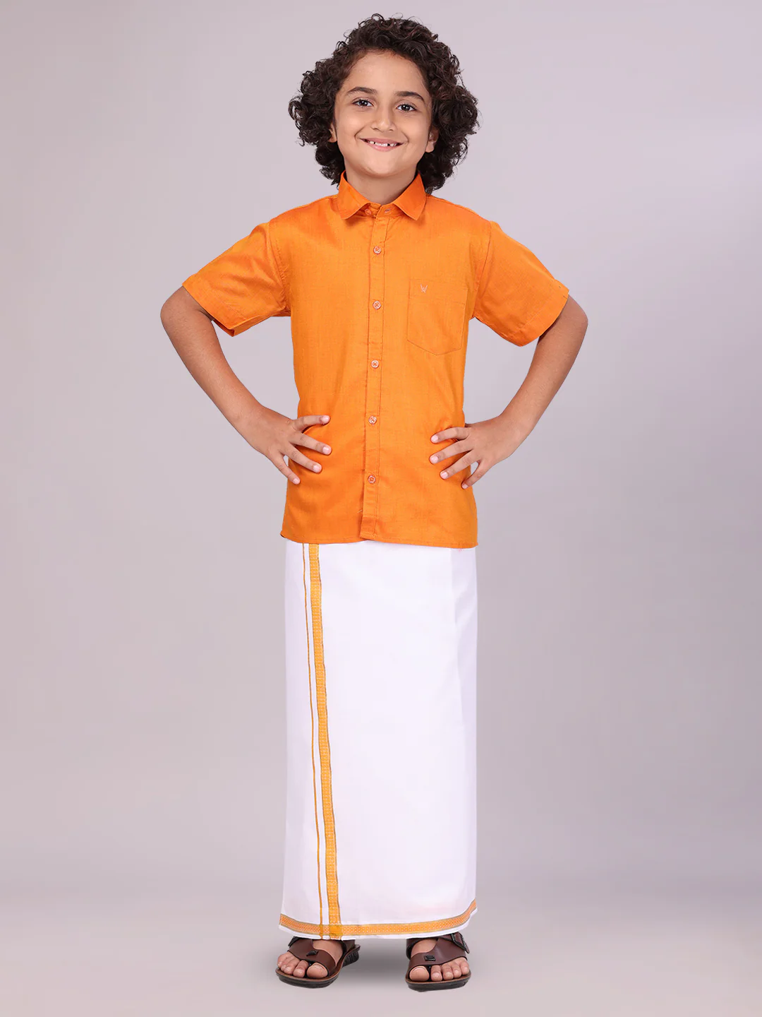 Boys Orange Matching Half Sleeves Shirt with Fancy Flexi Dhoti Combo Brave Boy