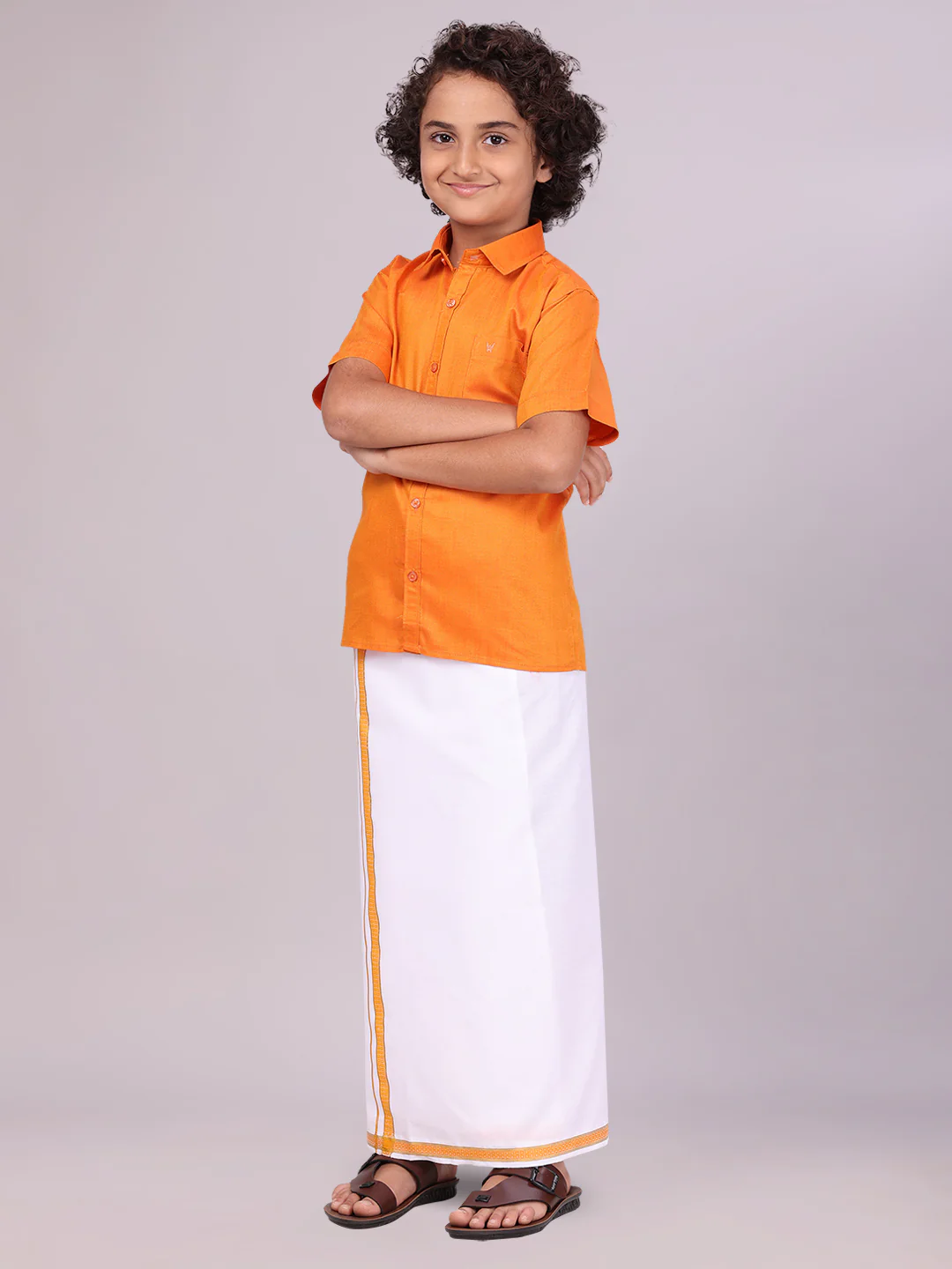 Boys Orange Matching Half Sleeves Shirt with Fancy Flexi Dhoti Combo Brave Boy - Image 3