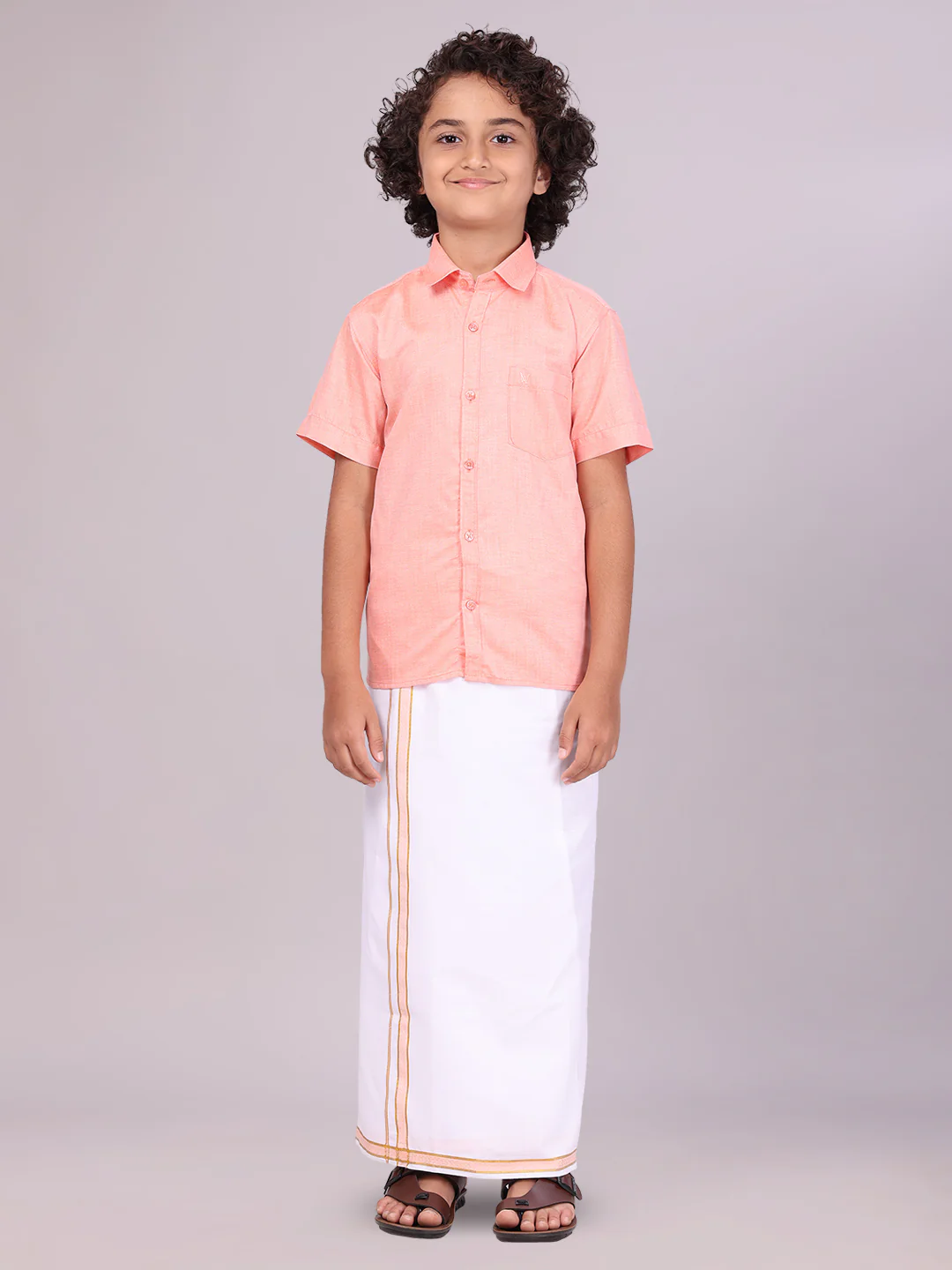 Boys Peach Matching Half Sleeves Shirt with Fancy Flexi Dhoti Combo Brave Boy