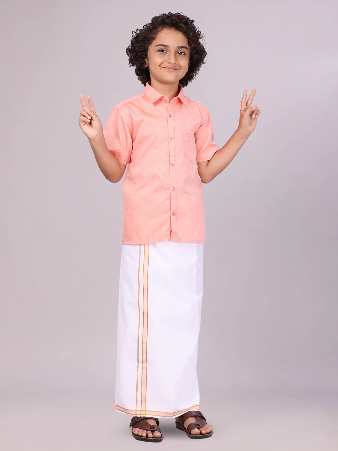 Boys Peach Matching Half Sleeves Shirt with Fancy Flexi Dhoti Combo Brave Boy - Image 2