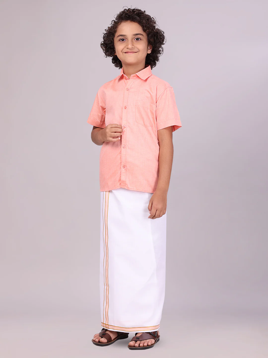 Boys Peach Matching Half Sleeves Shirt with Fancy Flexi Dhoti Combo Brave Boy - Image 3
