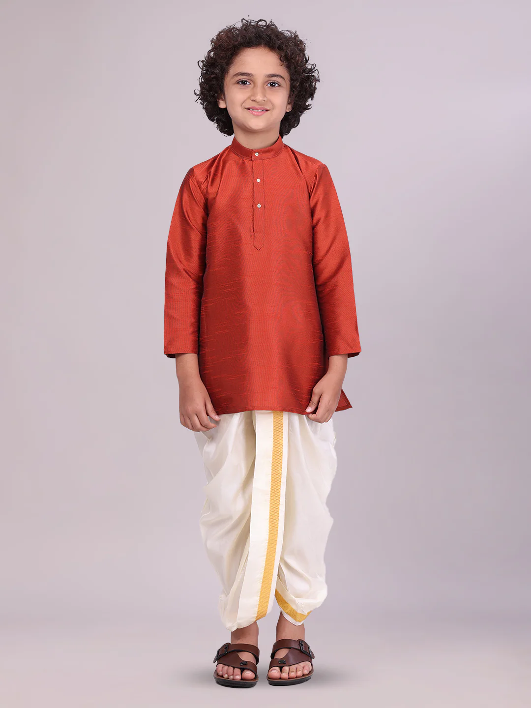 Boys Red Colour Kurtha with Gold Jari Panchakacham Combo Chitrang