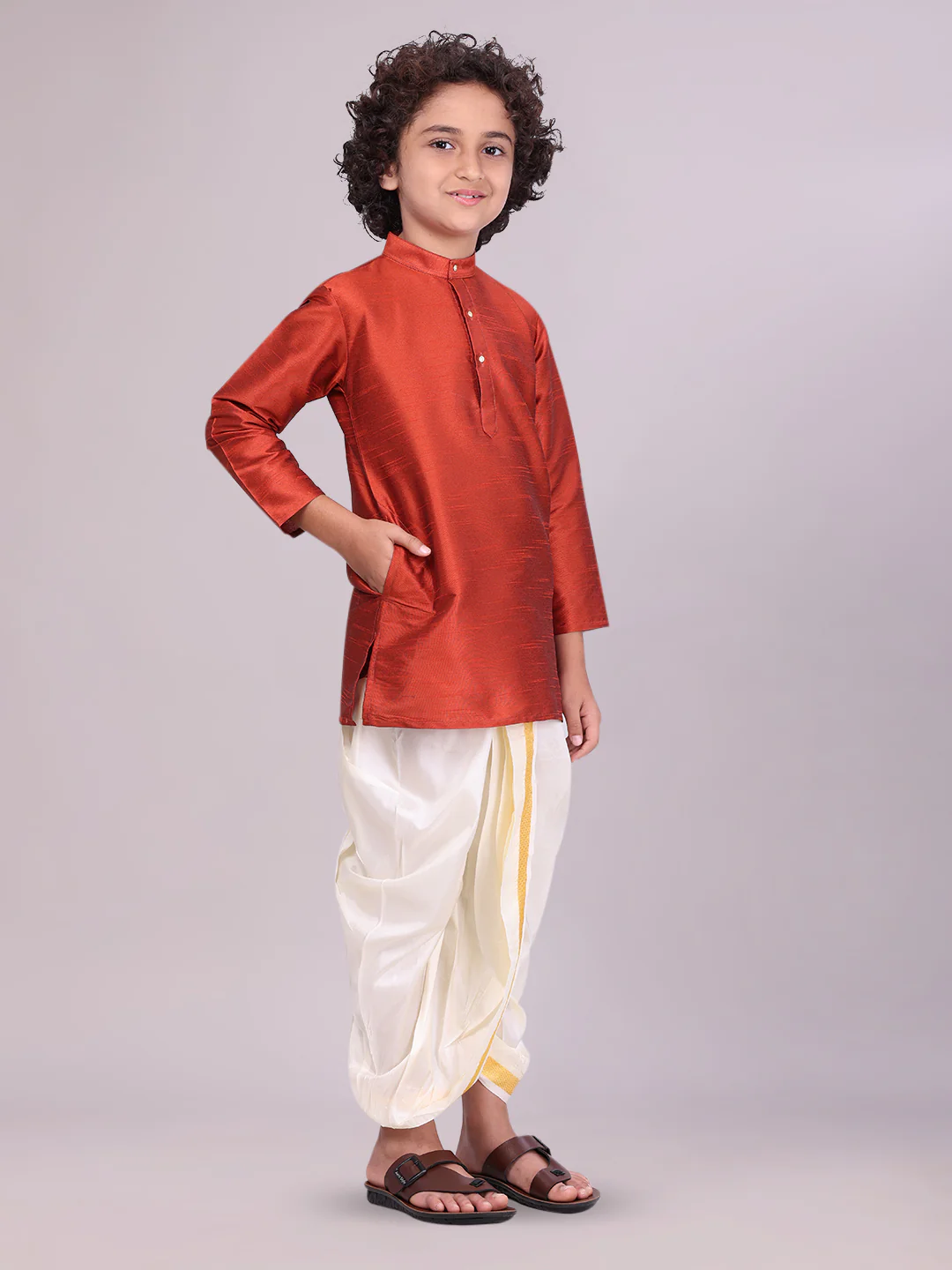 Boys Red Colour Kurtha with Gold Jari Panchakacham Combo Chitrang - Image 2