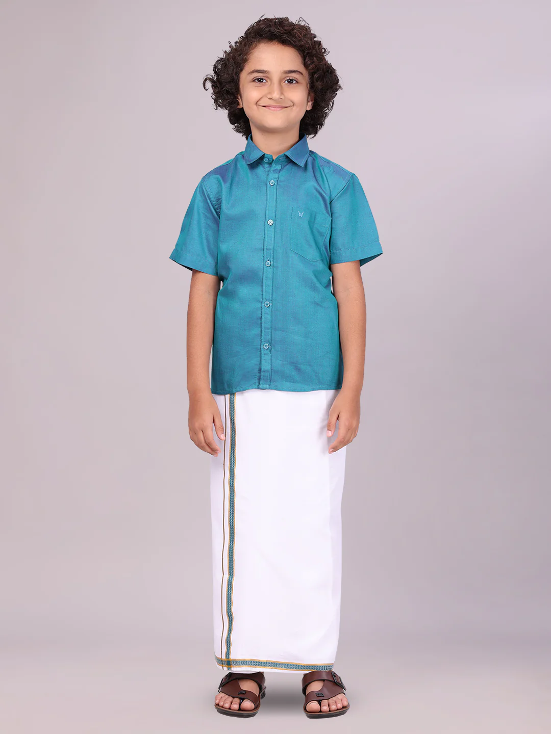 Boys Teal Matching Half Sleeves Shirt with Fancy Flexi Dhoti Combo Brave Boy