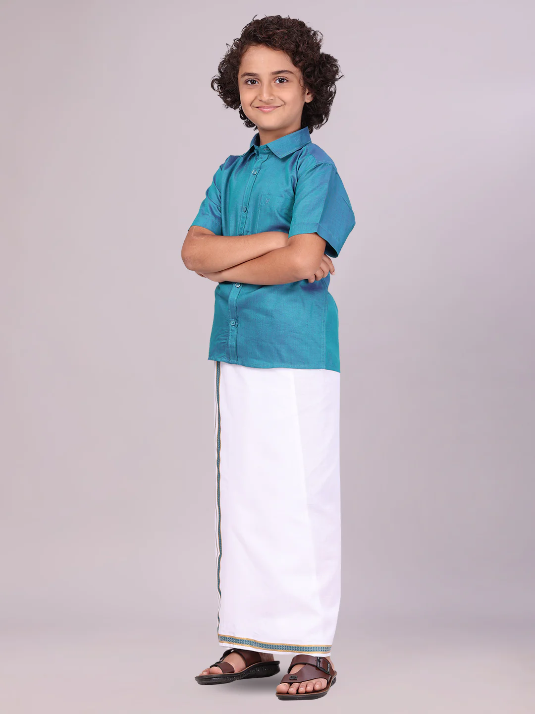 Boys Teal Matching Half Sleeves Shirt with Fancy Flexi Dhoti Combo Brave Boy - Image 3