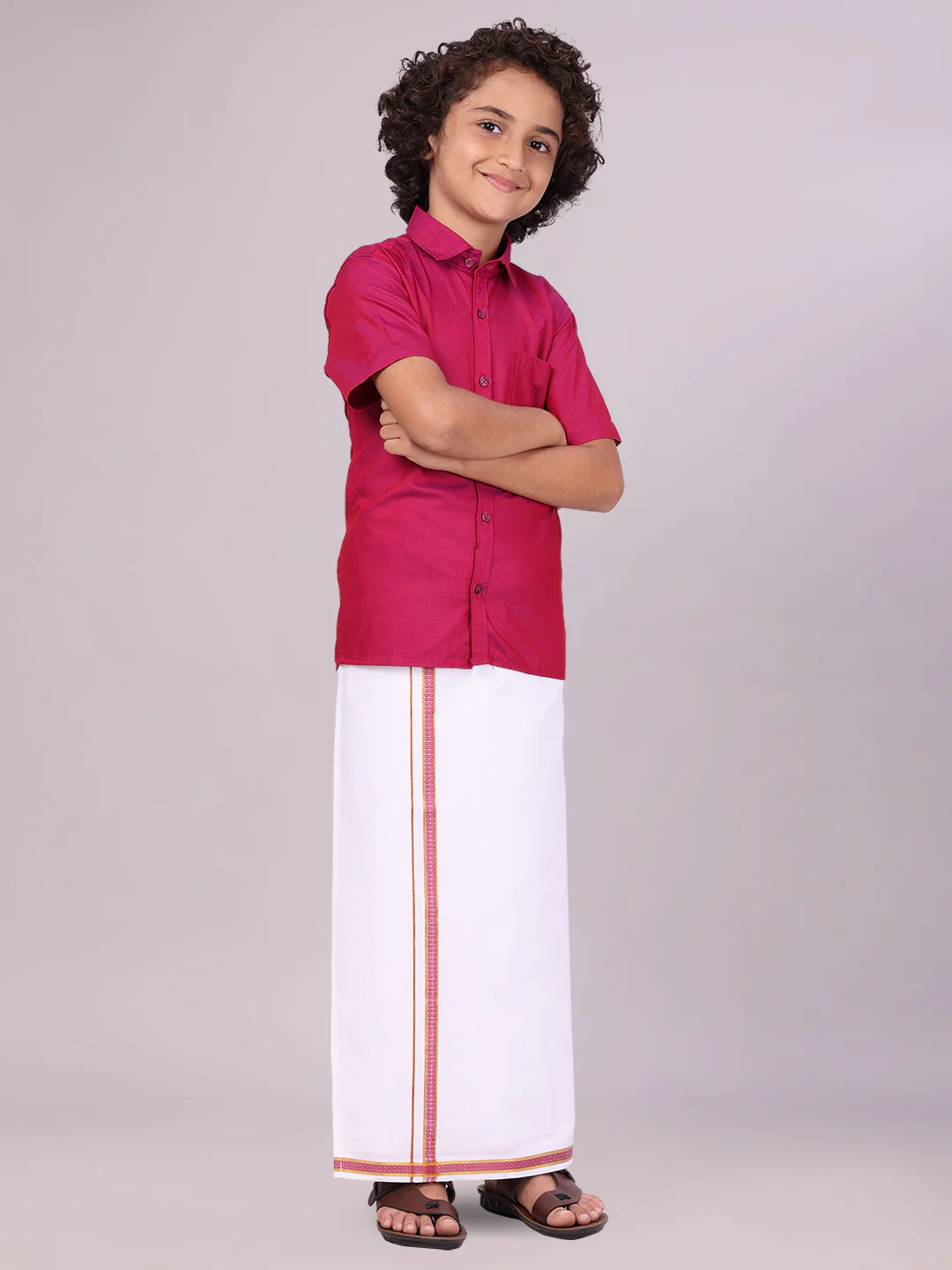 Boys Wine Matching Half Sleeves Shirt with Fancy Flexi Dhoti Combo Brave Boy - Image 2