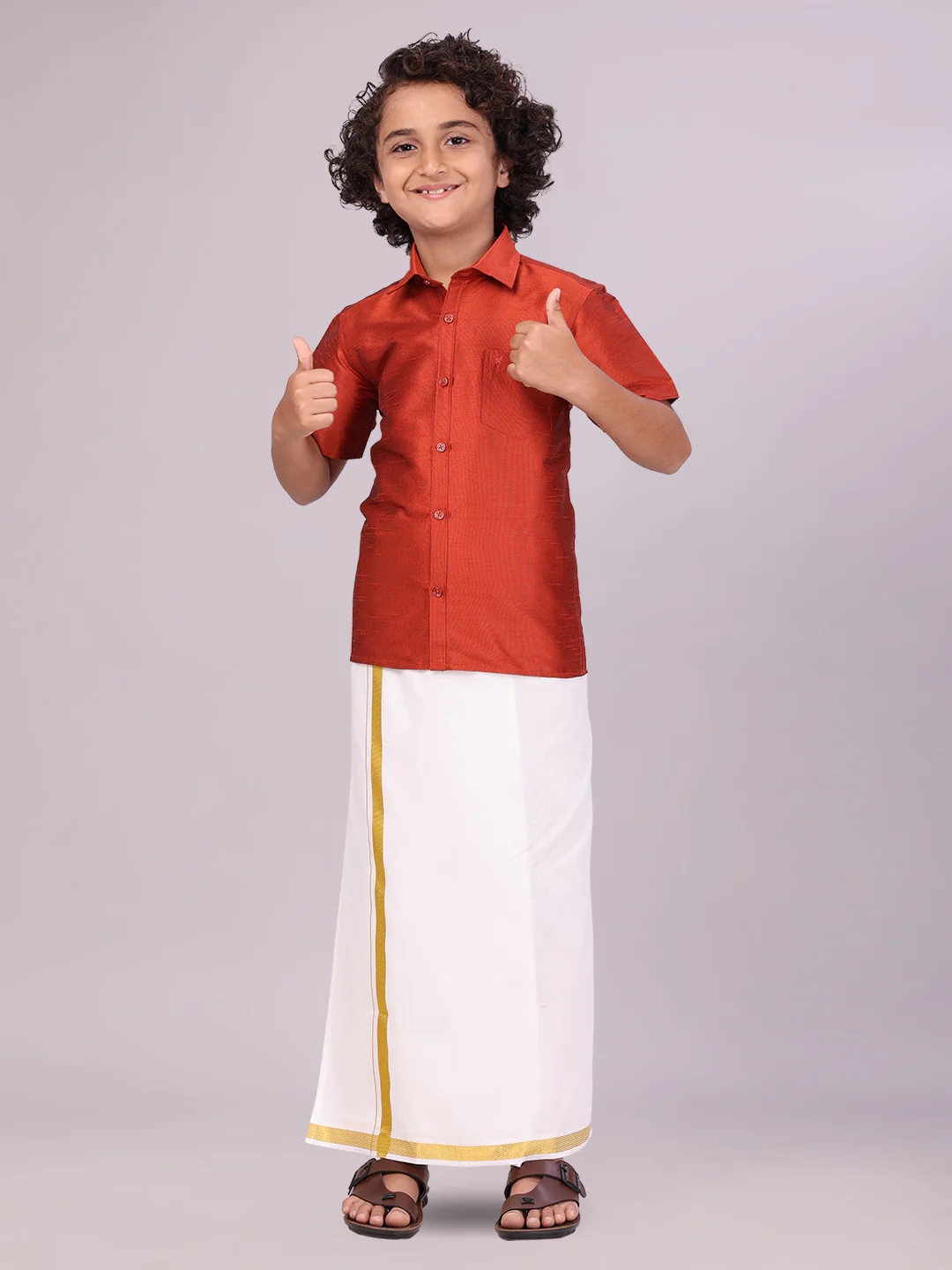 Boys Red Color Half Sleeves Shirt with Gold Jari Flexi Dhoti Adorable Boy - Image 3