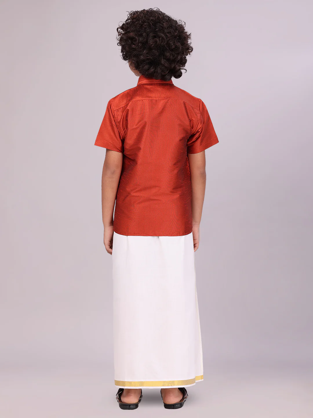 Boys Red Color Half Sleeves Shirt with Gold Jari Flexi Dhoti Adorable Boy - Image 4