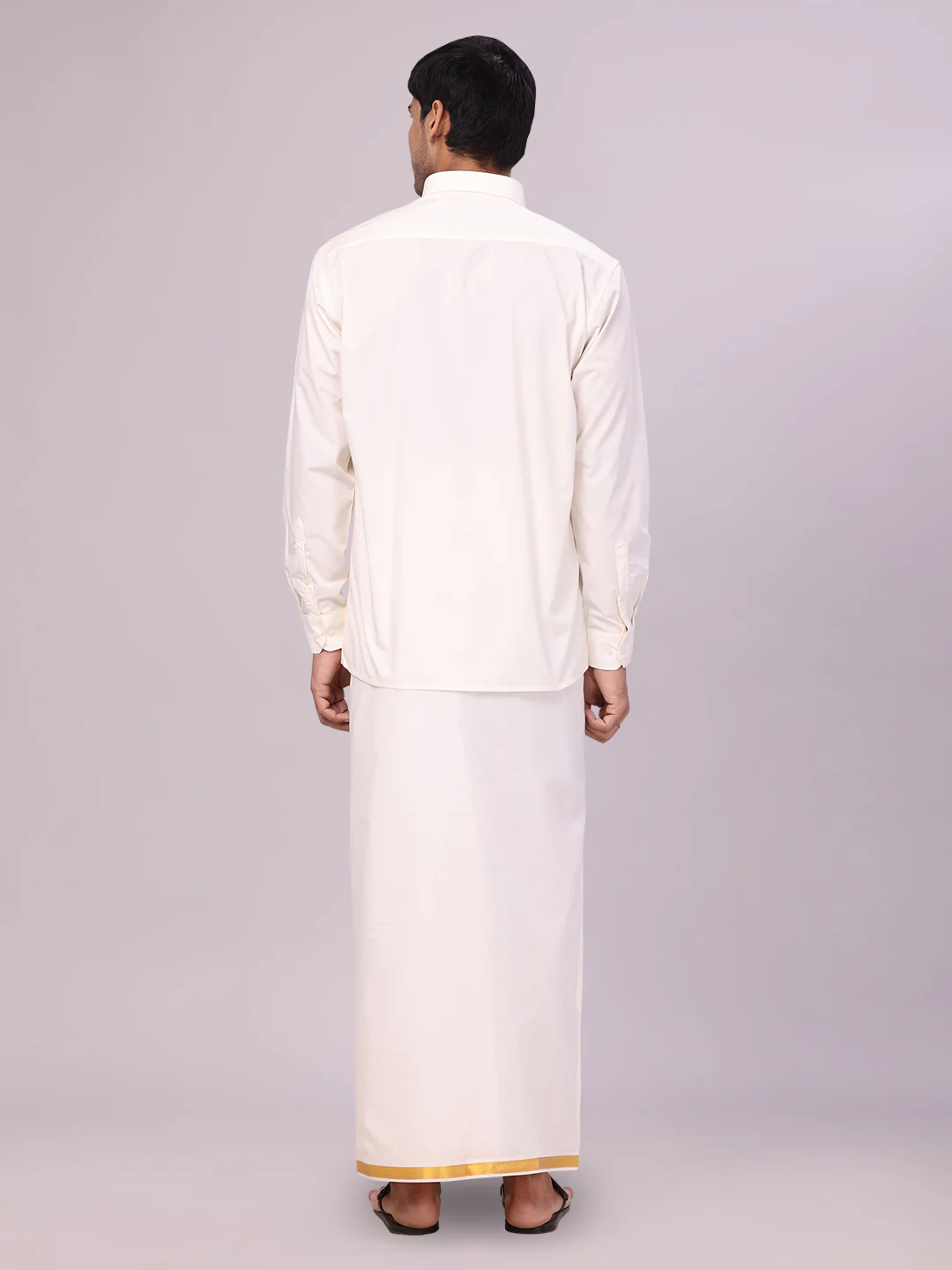 Mens Pure Cotton Cream Wedding Shirt Gold Jari Dhoti Towel Belt Combo - Subharaagam - Image 4