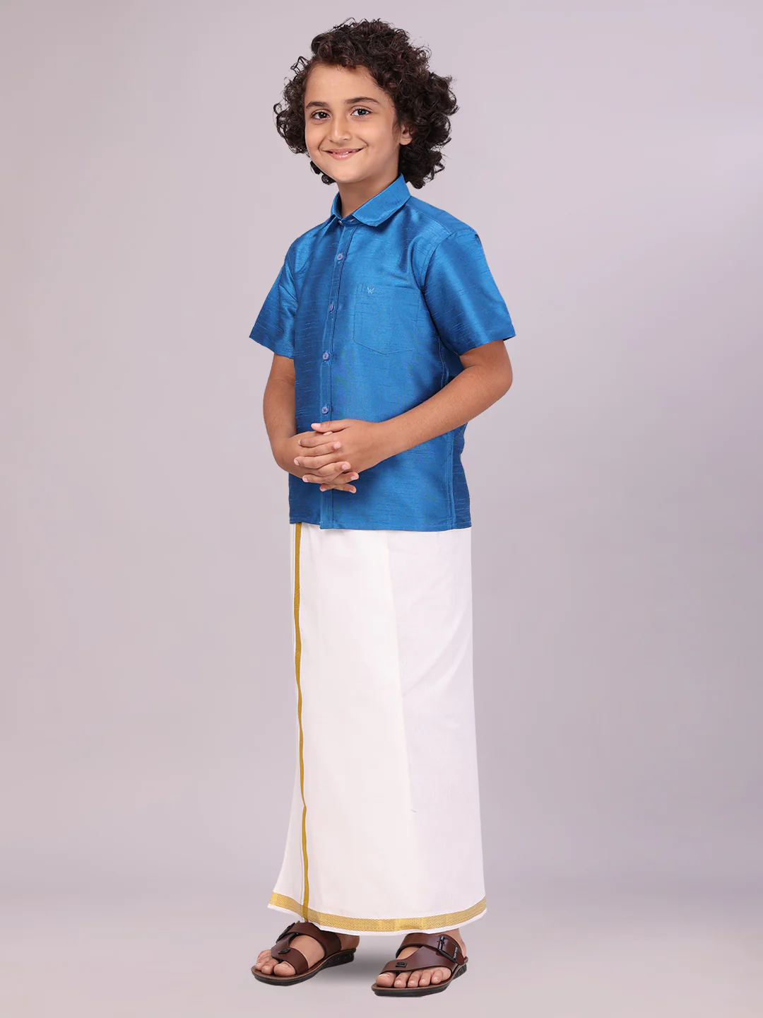 Boys Blue Color Half Sleeves Shirt with Gold Jari Flexi Dhoti Adorable Boy - Image 3