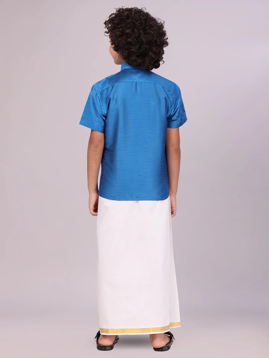Boys Blue Color Half Sleeves Shirt with Gold Jari Flexi Dhoti Adorable Boy - Image 4