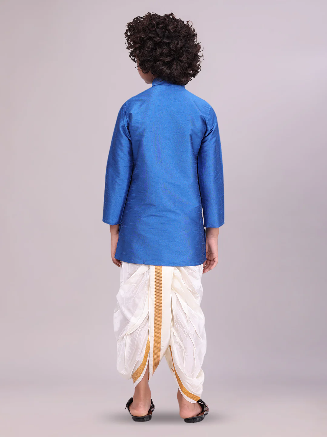 Boys Dark Blue Colour Kurtha with Gold Jari Panchakacham Combo Chitrang - Image 3