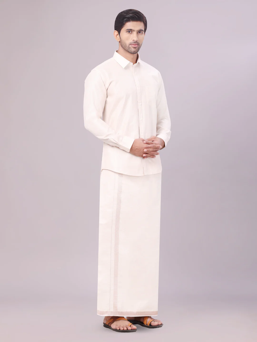Father & Son Almond Color Tissue Shirt with Jari Dhoti Combo - Image 2