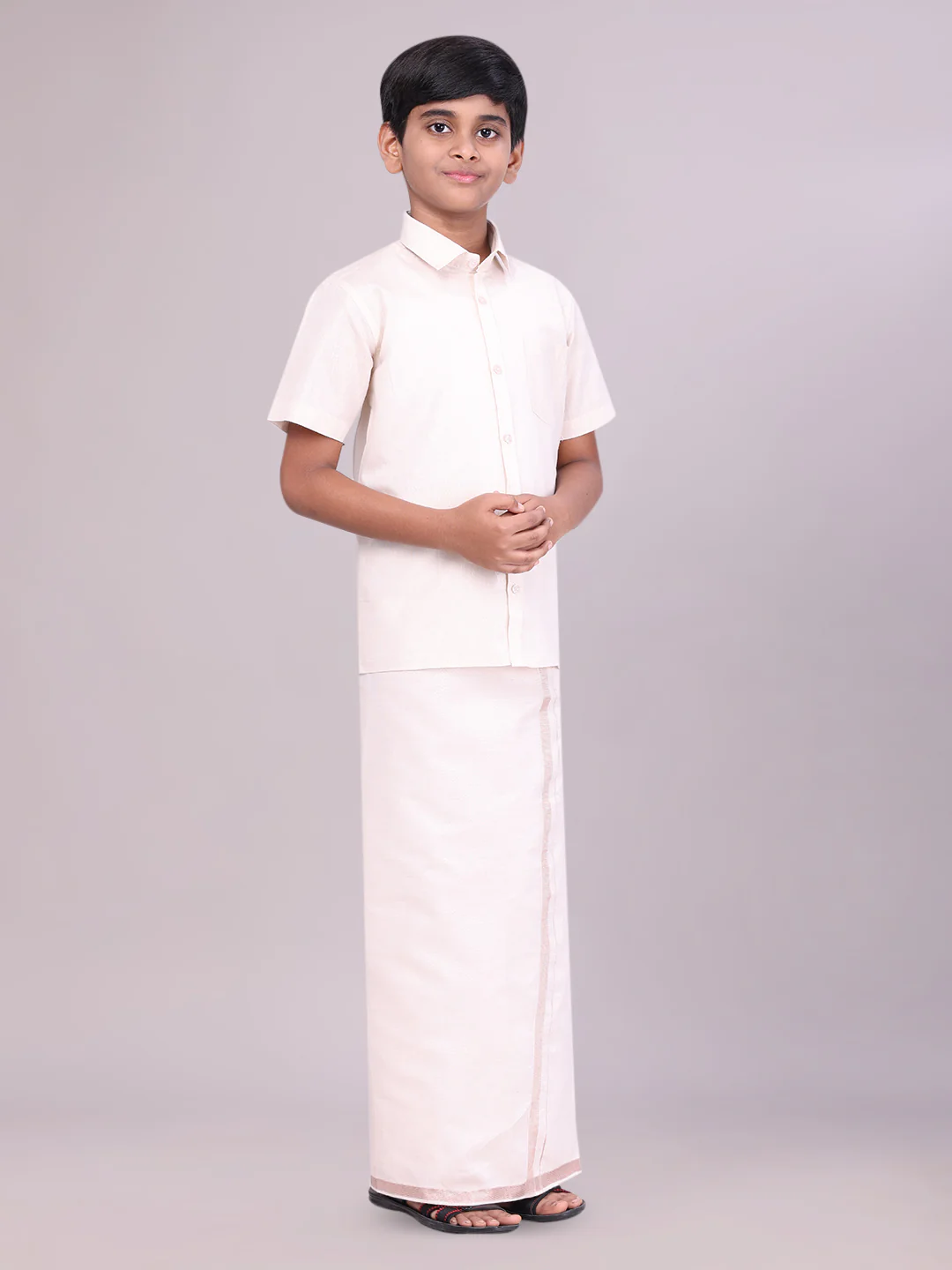 Father & Son Almond Color Tissue Shirt with Jari Dhoti Combo - Image 3