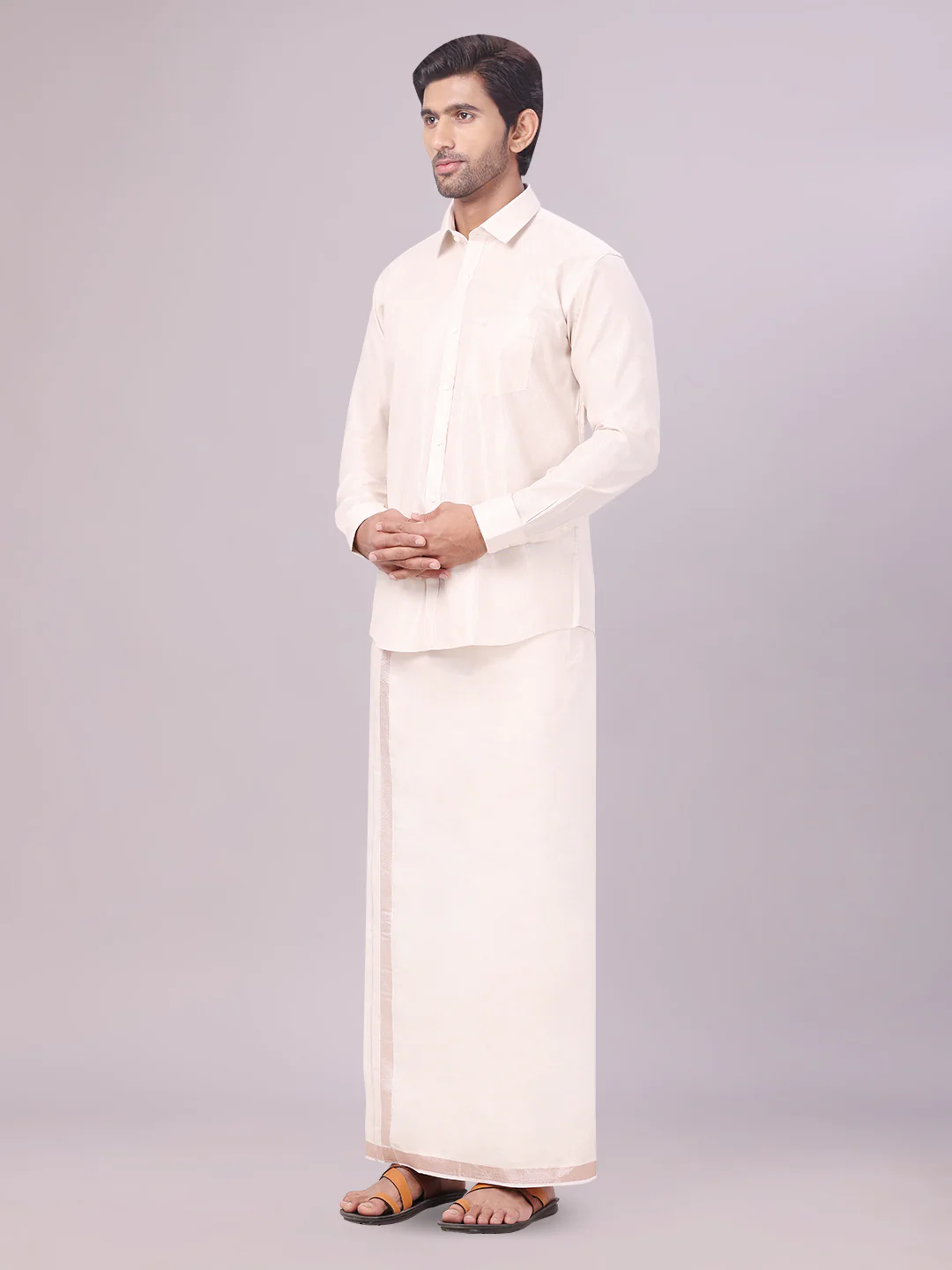 Father & Son Almond Color Tissue Shirt with Jari Dhoti Combo - Image 4