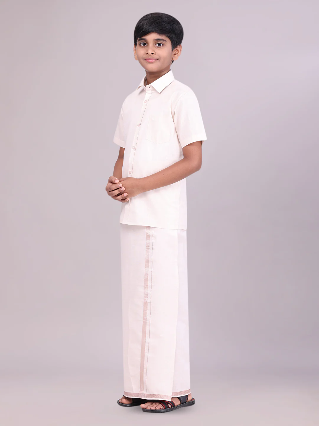 Father & Son Almond Color Tissue Shirt with Jari Dhoti Combo - Image 5