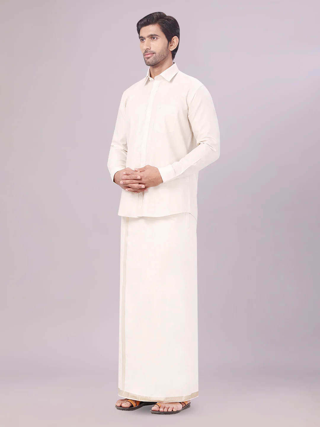 Father & Son Beige Color Tissue Shirt with Jari Dhoti Combo - Image 2