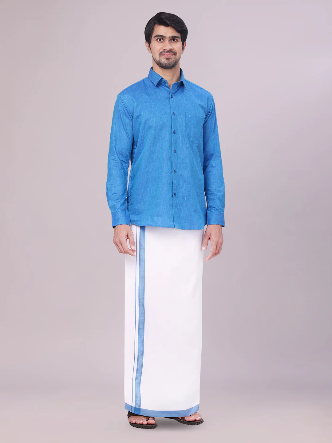 Father & Son Blue Color Cotton Shirt with Matching Border Dhoti Combo - Image 2