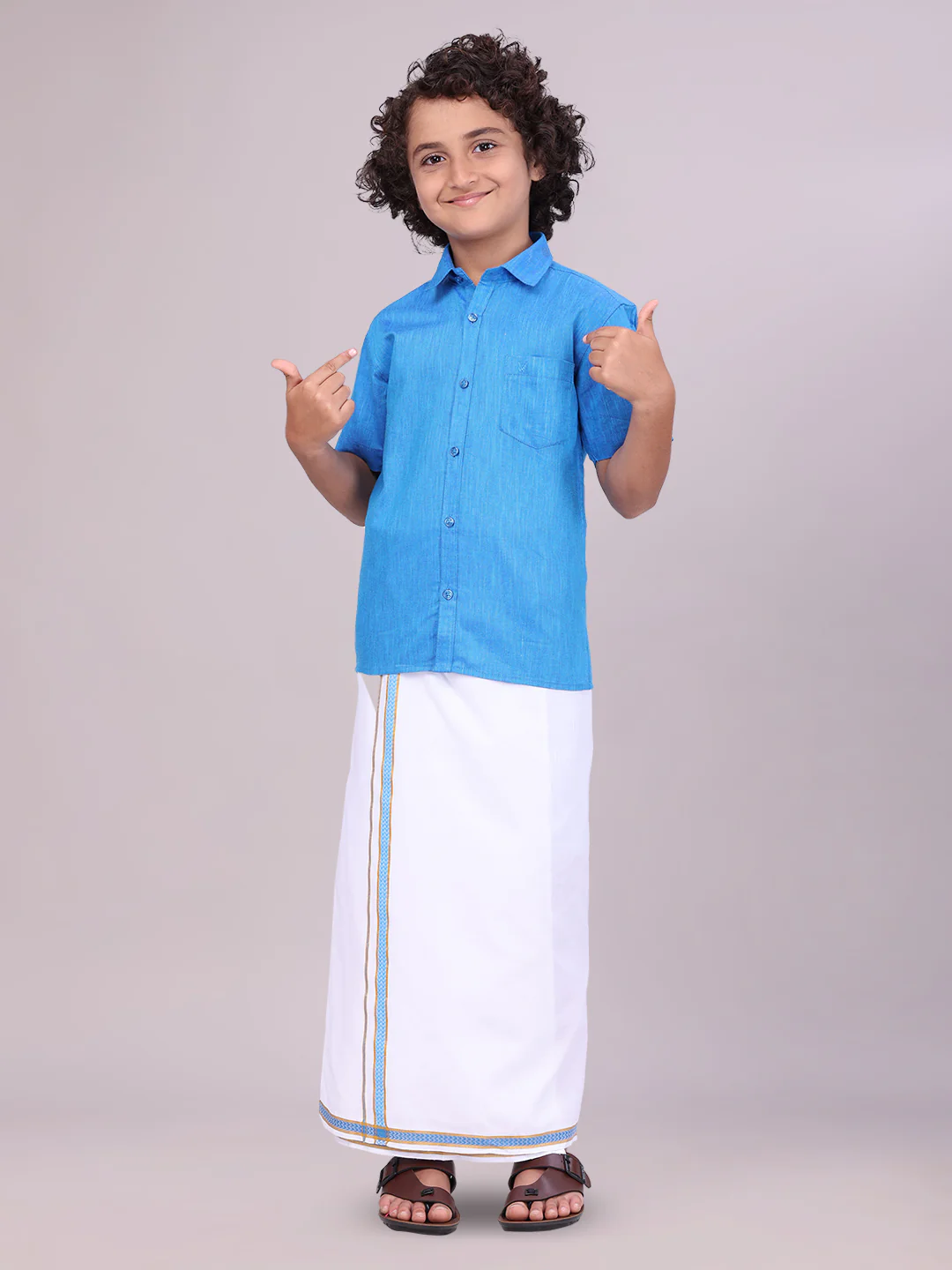 Father & Son Blue Color Cotton Shirt with Matching Border Dhoti Combo - Image 3