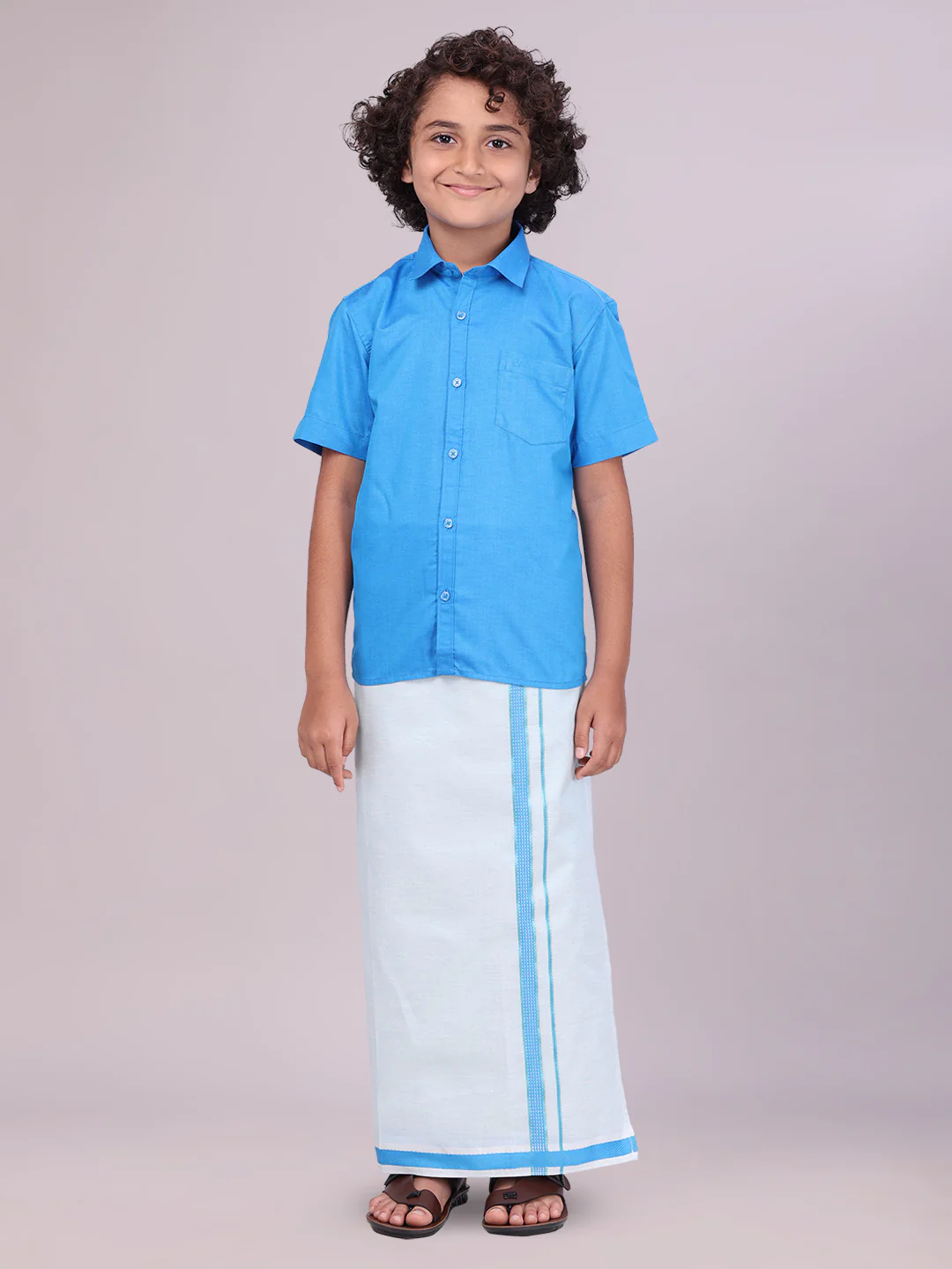 Father & Son Blue Color Cotton Shirt with Matching Border Tissue Dhoti Combo - Image 3
