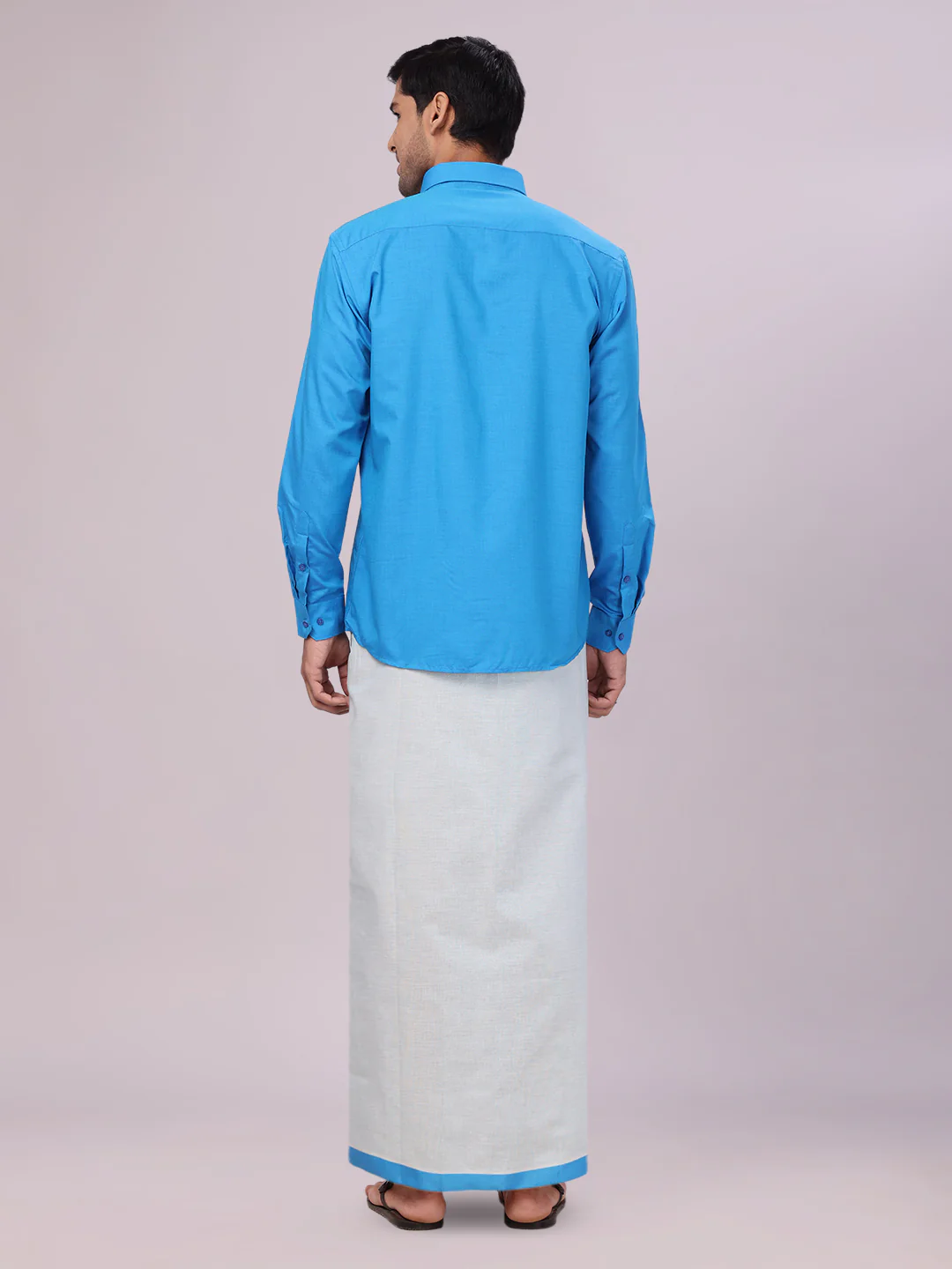 Father & Son Blue Color Cotton Shirt with Matching Border Tissue Dhoti Combo - Image 7