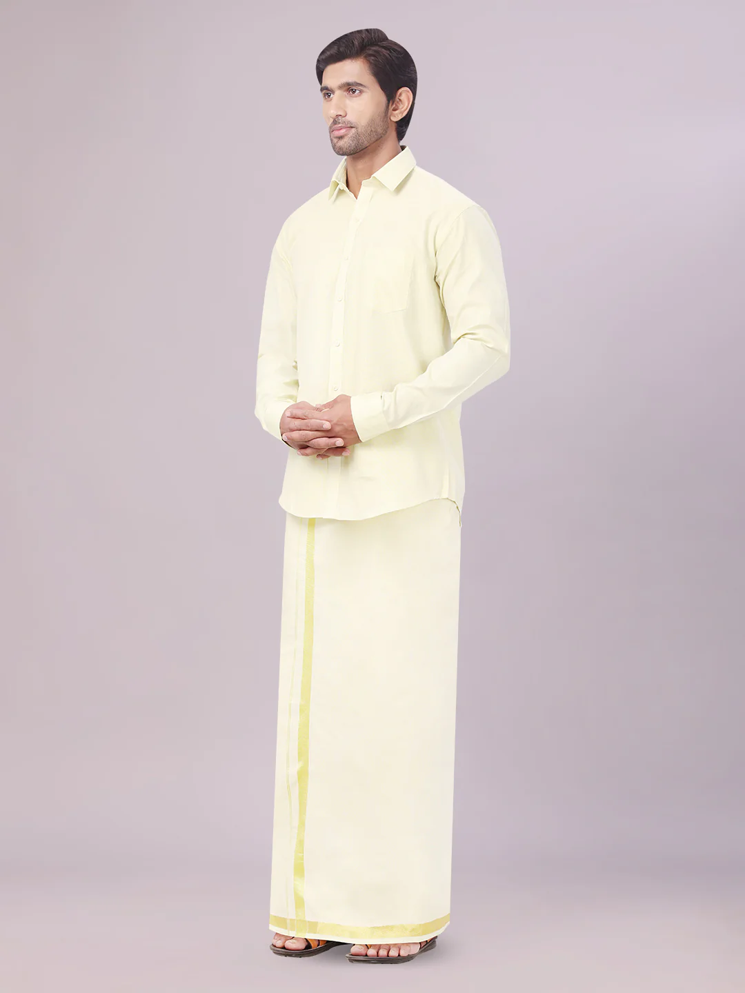 Father & Son Brass Color Tissue Shirt with Jari Dhoti Combo - Image 4