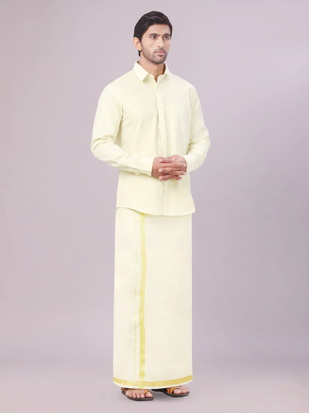 Father & Son Brass Color Tissue Shirt with Jari Dhoti Combo - Image 5