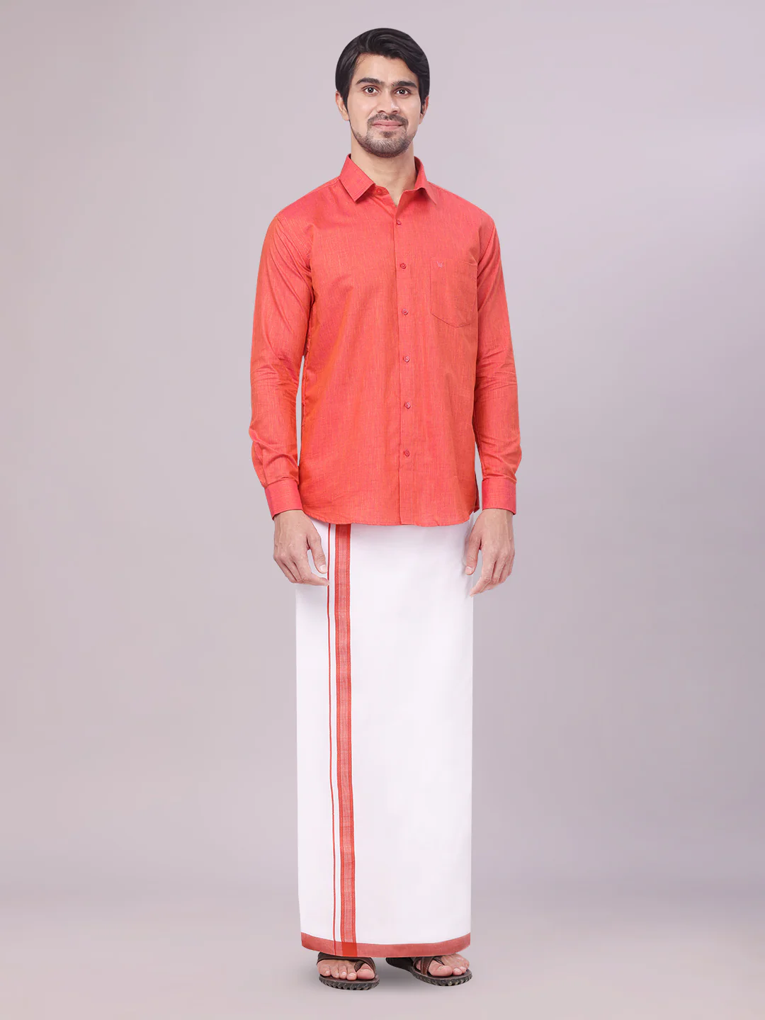 Father & Son Brick Color Cotton Shirt with Matching Border Dhoti Combo - Image 2