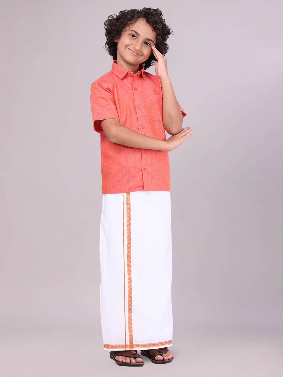 Father & Son Brick Color Cotton Shirt with Matching Border Dhoti Combo - Image 3