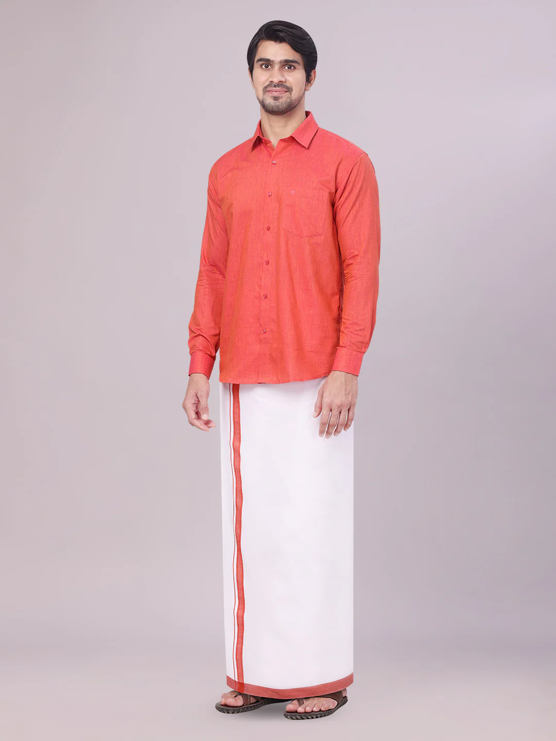 Father & Son Brick Color Cotton Shirt with Matching Border Dhoti Combo - Image 4