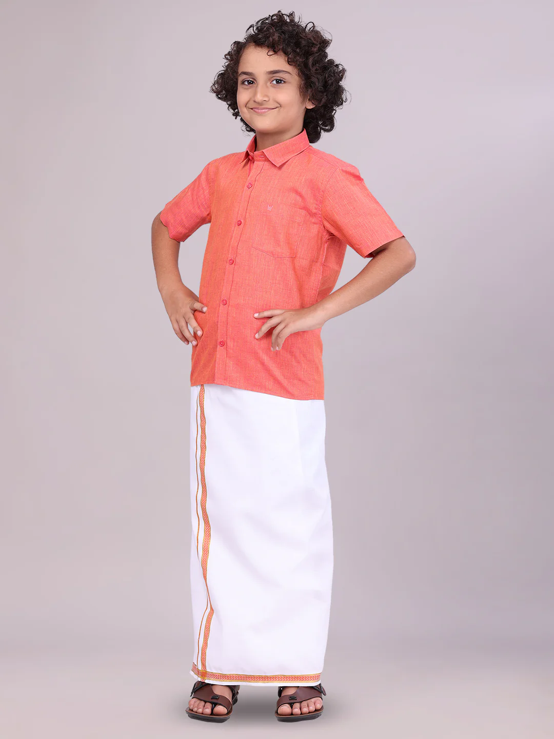 Father & Son Brick Color Cotton Shirt with Matching Border Dhoti Combo - Image 5
