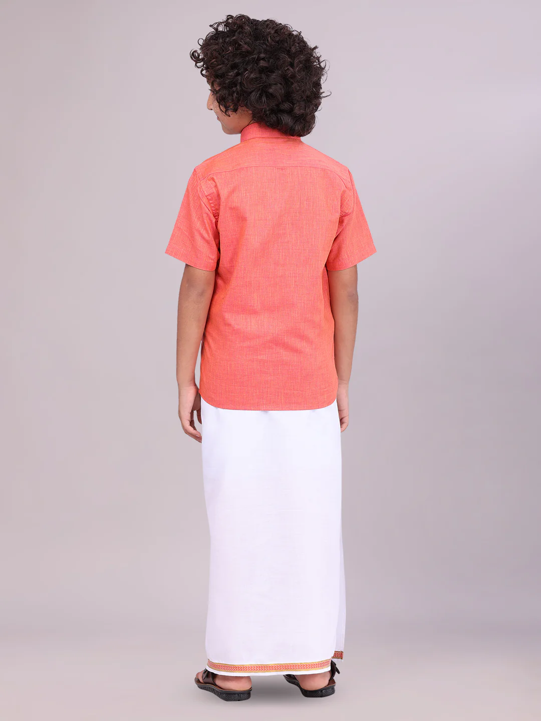 Father & Son Brick Color Cotton Shirt with Matching Border Dhoti Combo - Image 6