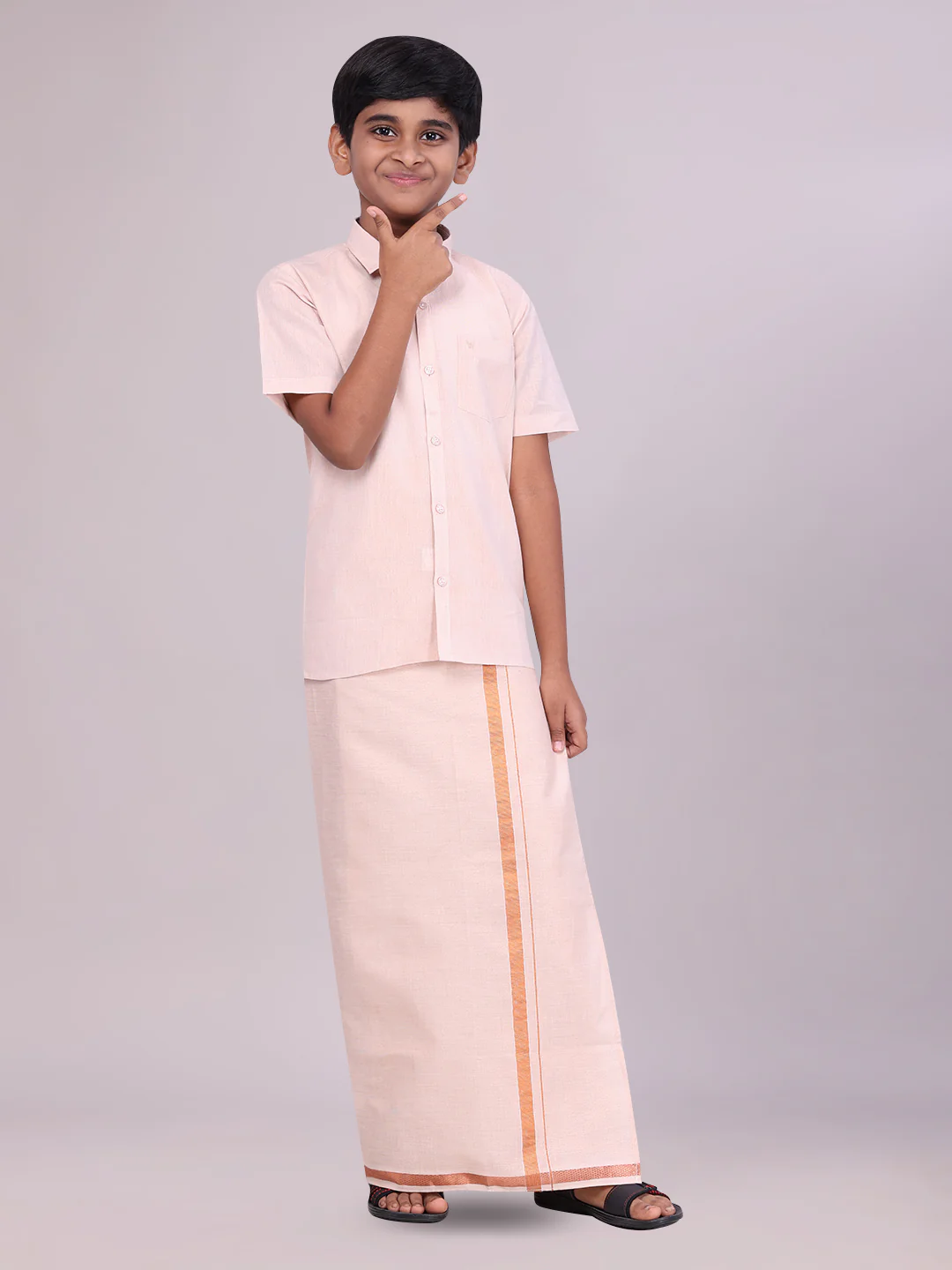 Father & Son Copper Color Tissue Shirt with Jari Dhoti Combo - Image 3