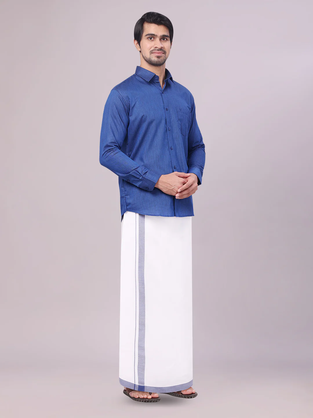 Father & Son Dark Blue Color Cotton Shirt with Matching Border Dhoti Combo - Image 2